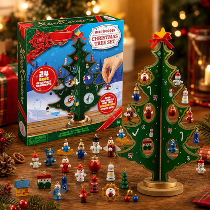 Houten tafelkerstboom adventskalender met 24 mini-ornamenten voor kinderen