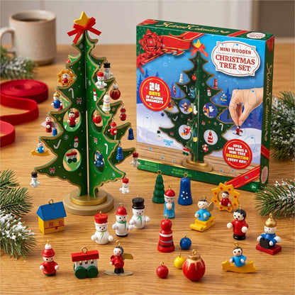 Houten tafelkerstboom adventskalender met 24 mini-ornamenten voor kinderen
