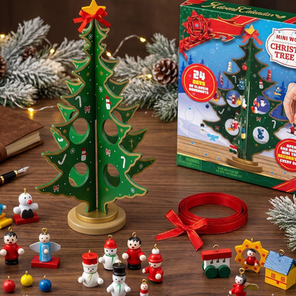 Houten tafelkerstboom adventskalender met 24 mini-ornamenten voor kinderen