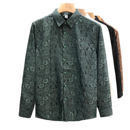 Jacquard overhemd voor heren met lange mouwen, fijn bloemenreliëf en kentkraag