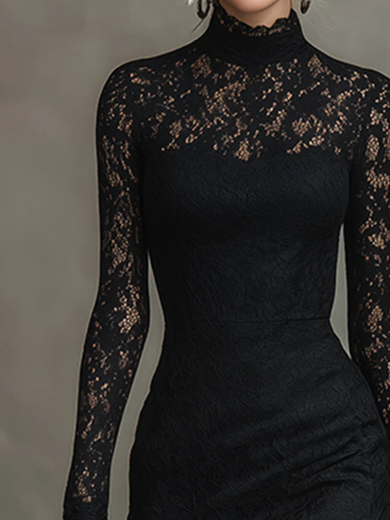 Image of Jacqueline | Dames Lange Mouw Kant Bodycon Midi Jurk