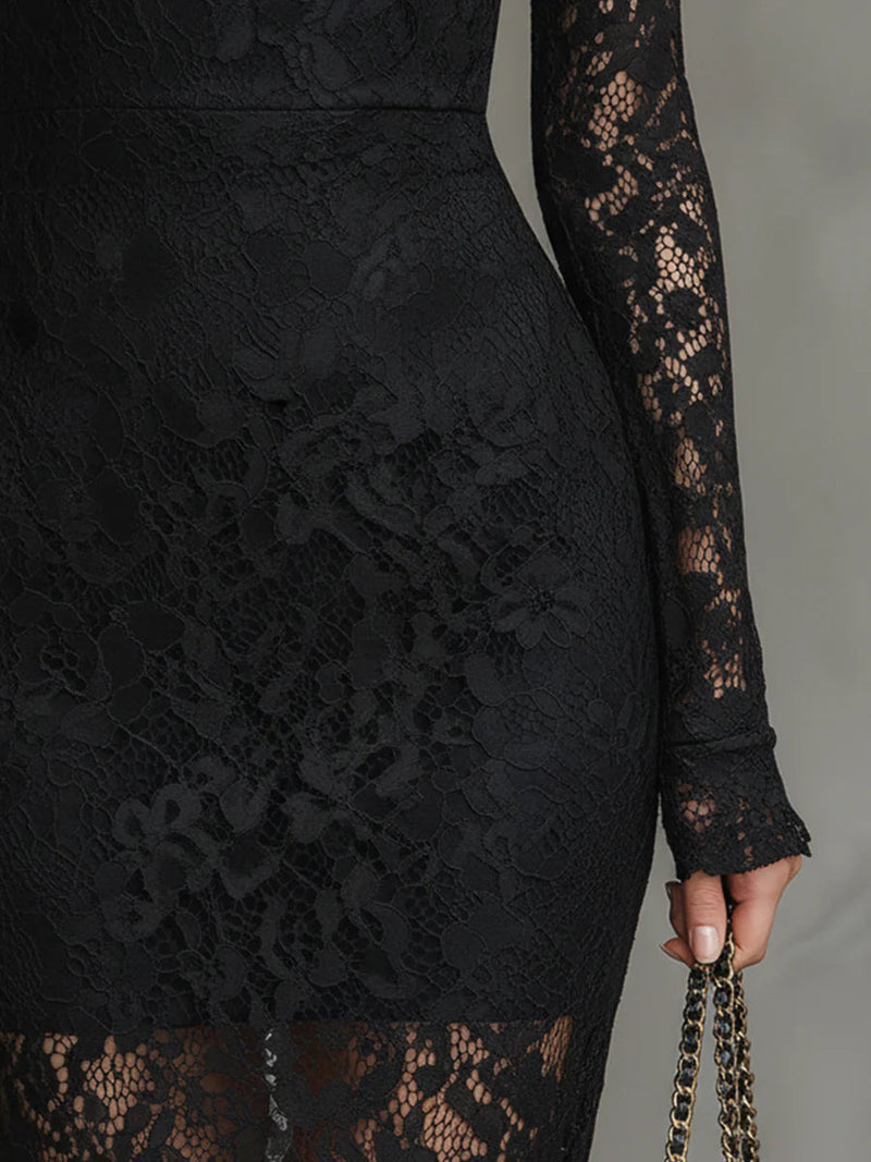 Image of Jacqueline | Dames Lange Mouw Kant Bodycon Midi Jurk