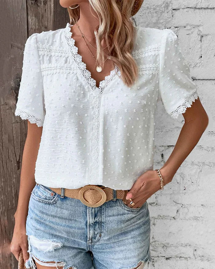 Image of Janet | Dames V-hals Blouse met Korte Mouwen