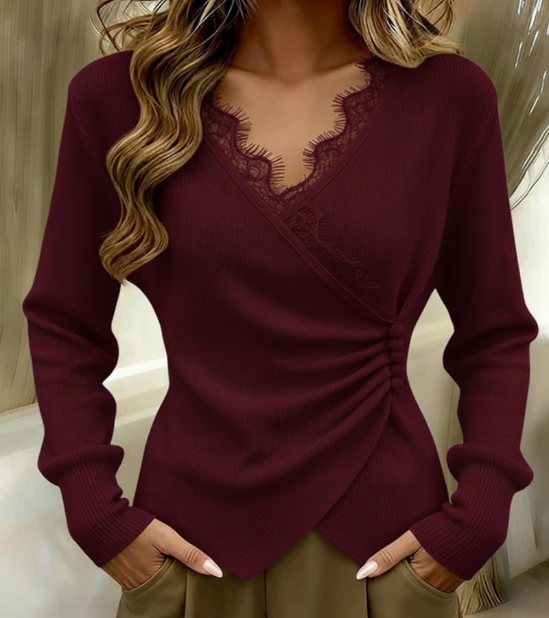 Image of Janneke | Dames Top met Lange Mouwen en Kanten Rand - Wikkelmodel