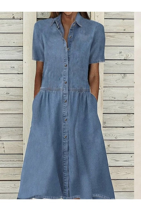 Image of Jasmijn | Dames V-hals Denim Shirt Midi Jurk