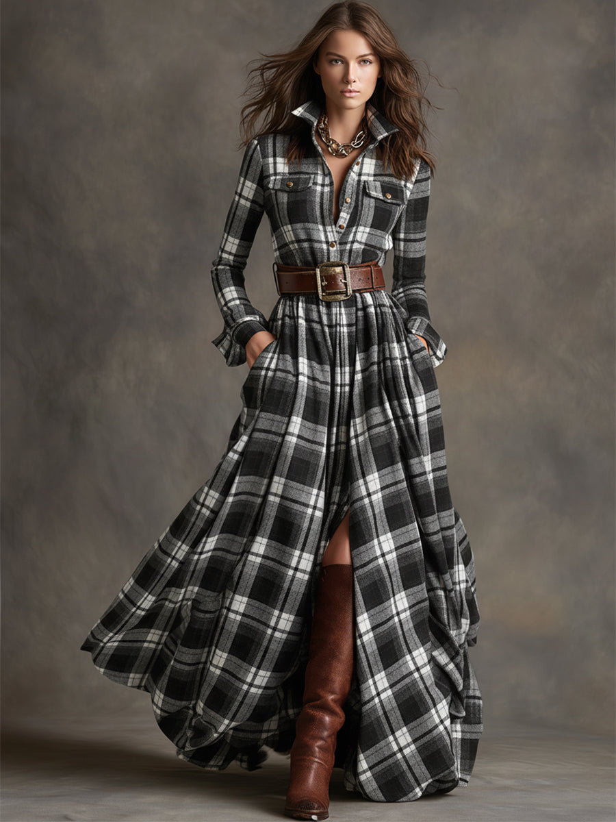 Image of Jennifer | Dames Maxi-jurk met Lange Mouwen en Ruitjes