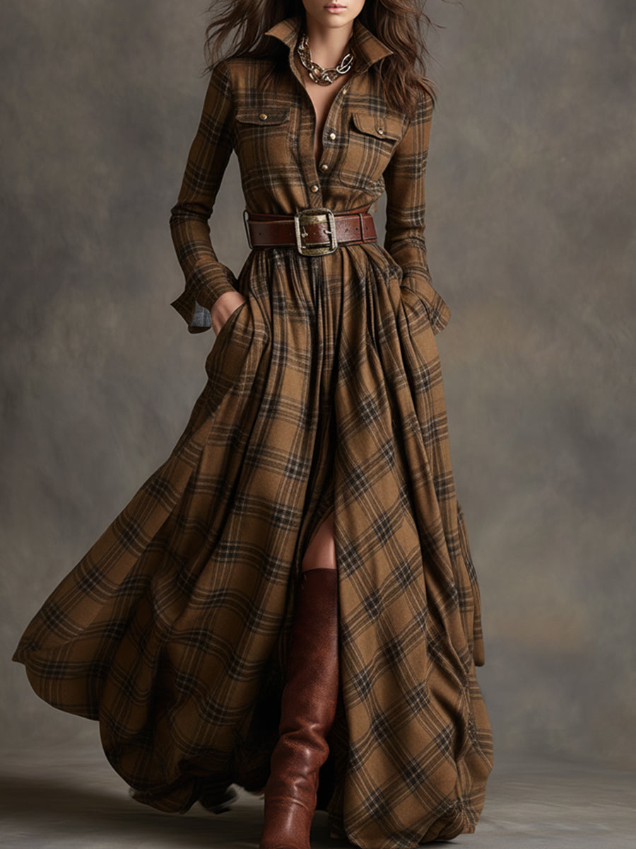 Image of Jennifer | Dames Maxi-jurk met Lange Mouwen en Ruitjes