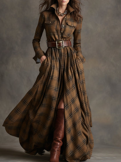 Image of Jennifer | Dames Maxi-jurk met Lange Mouwen en Ruitjes