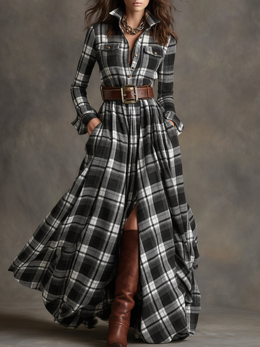 Image of Jennifer | Dames Maxi-jurk met Lange Mouwen en Ruitjes
