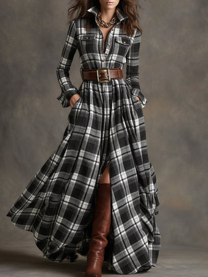 Image of Jennifer | Dames Maxi-jurk met Lange Mouwen en Ruitjes