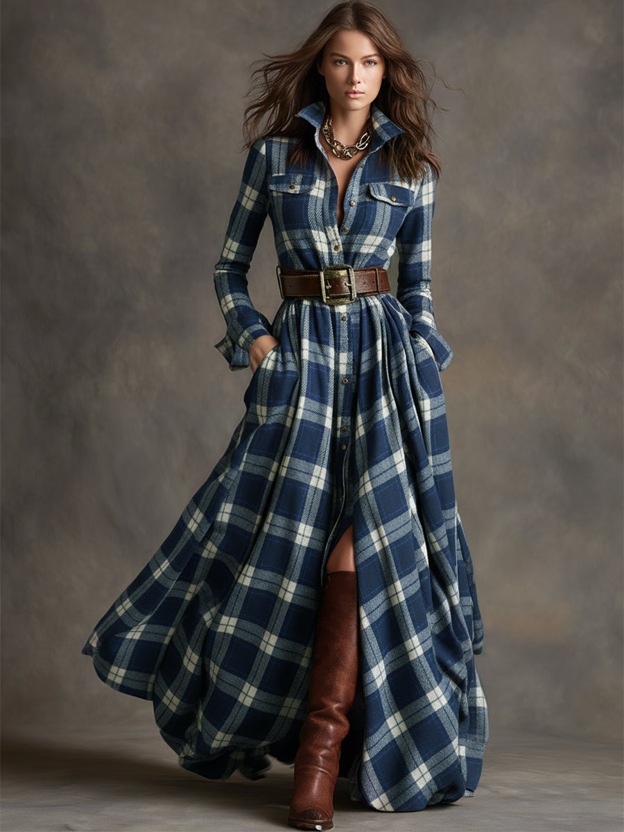 Image of Jennifer | Dames Maxi-jurk met Lange Mouwen en Ruitjes