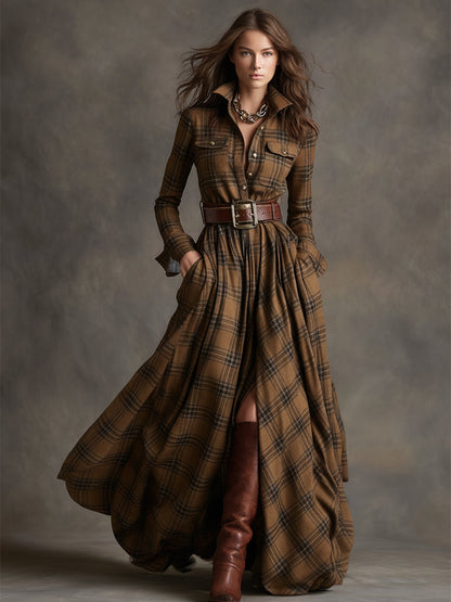 Image of Jennifer | Dames Maxi-jurk met Lange Mouwen en Ruitjes