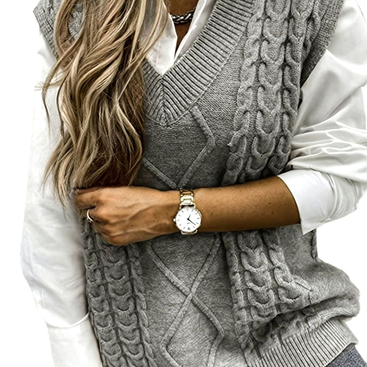 Kabelgebreide damesspencer met V-hals - Relaxed fit
