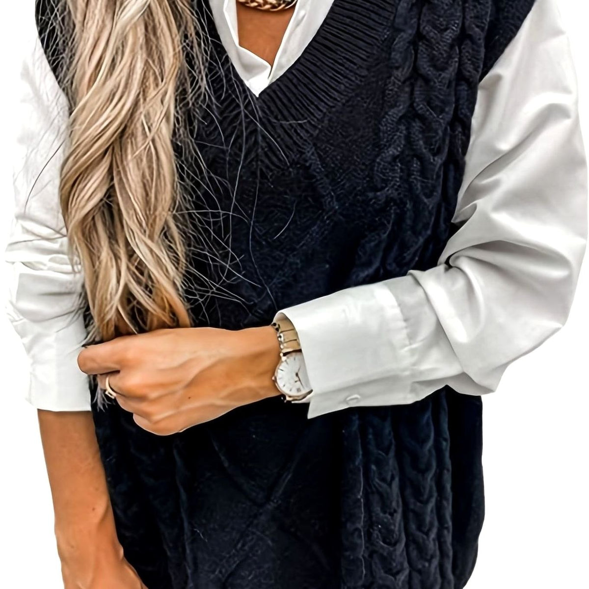 Kabelgebreide damesspencer met V-hals - Relaxed fit