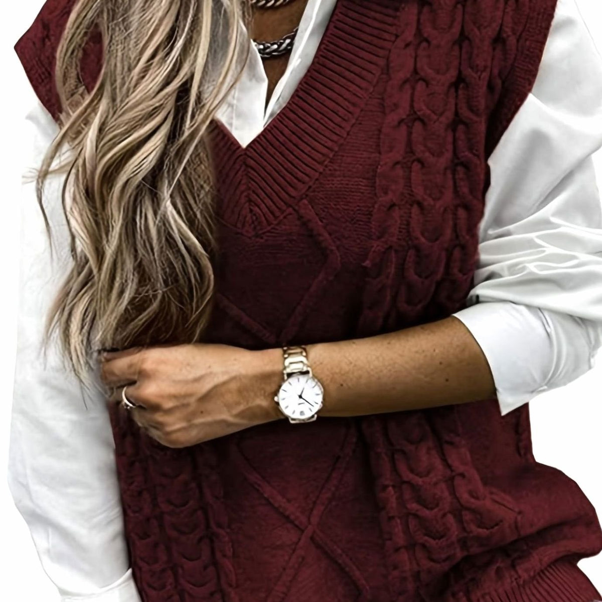 Kabelgebreide damesspencer met V-hals - Relaxed fit