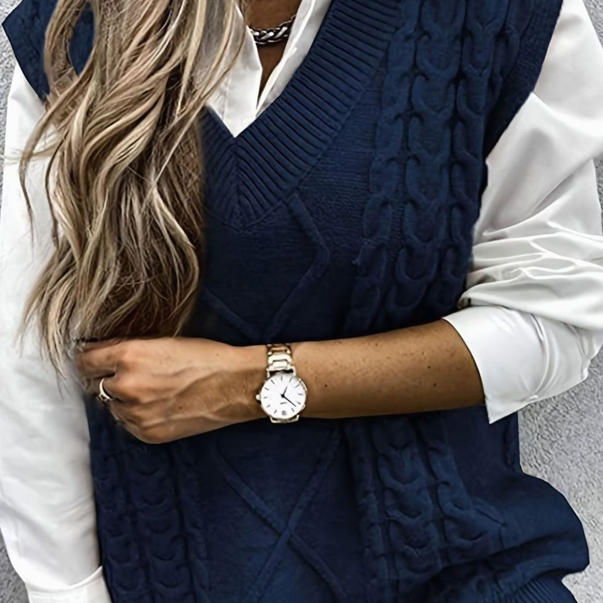 Kabelgebreide damesspencer met V-hals - Relaxed fit