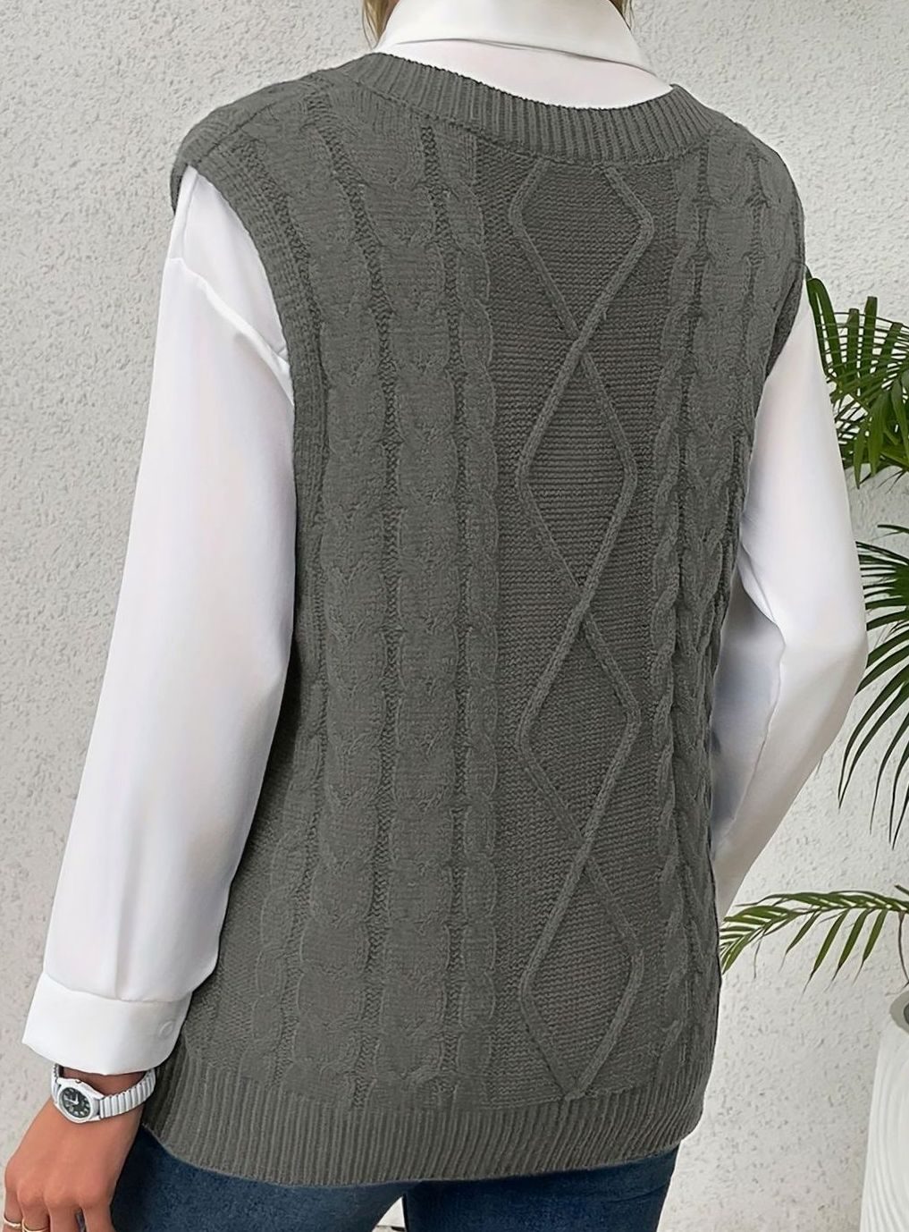 Kabelgebreide damesspencer met V-hals - Relaxed fit