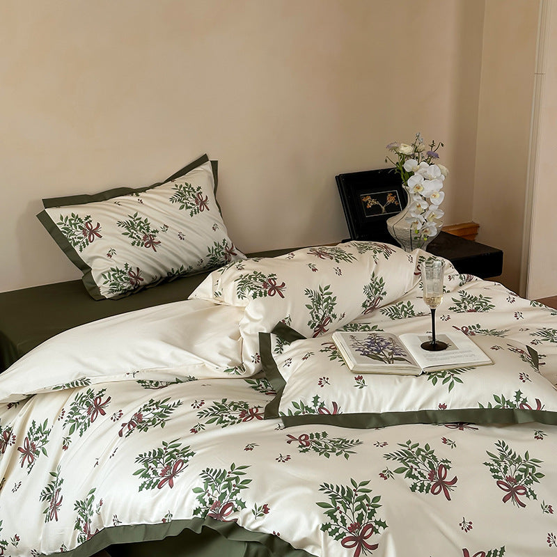 Katoensatijnen beddengoedset met bloemenkransen, hotelsluiting en contrasterende zoom
