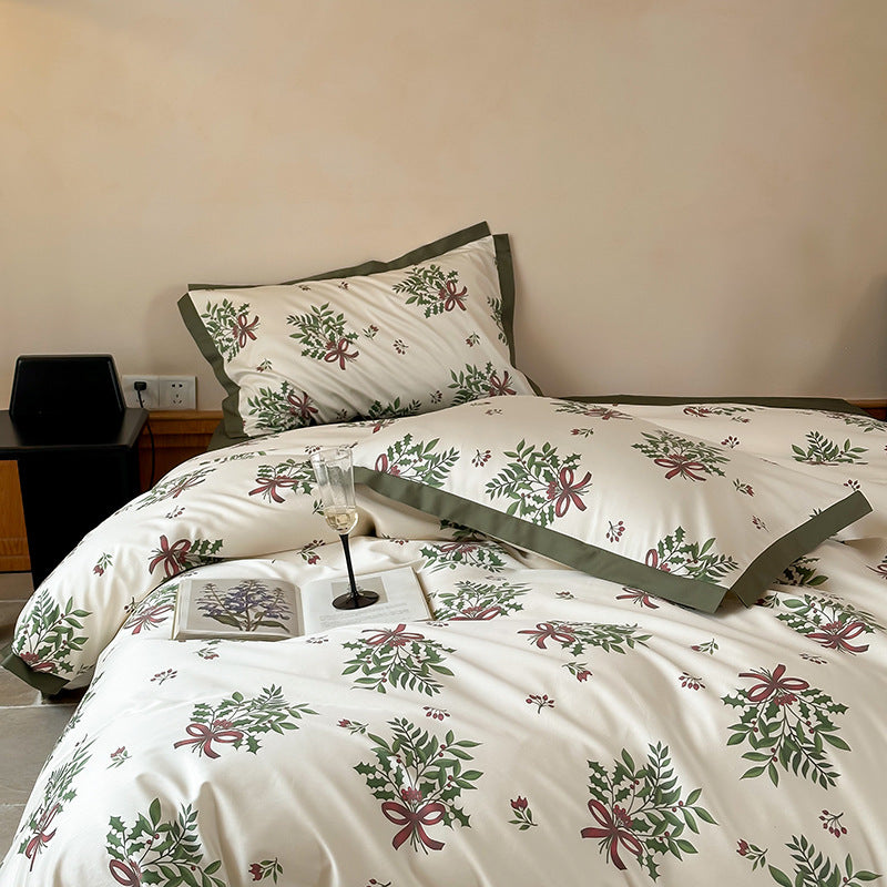 Katoensatijnen beddengoedset met bloemenkransen, hotelsluiting en contrasterende zoom