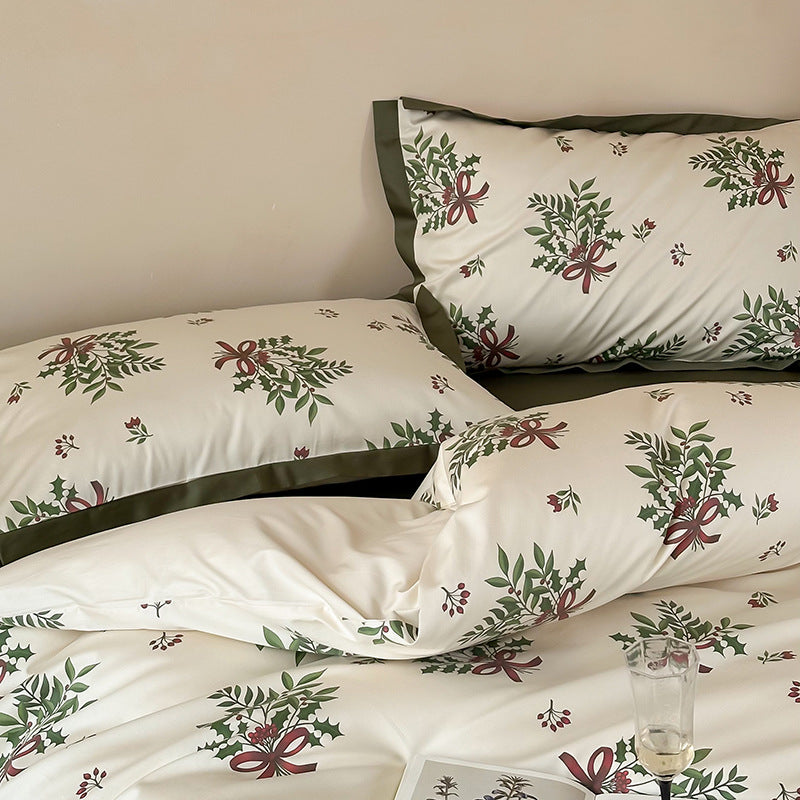 Katoensatijnen beddengoedset met bloemenkransen, hotelsluiting en contrasterende zoom