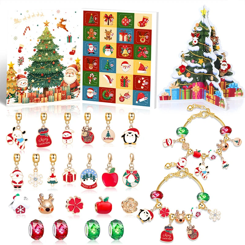 Kerstadventskalender voor kinderen met armband om af te tellen - 24 dagen - kleurrijke kristallen in geschenkdoos
