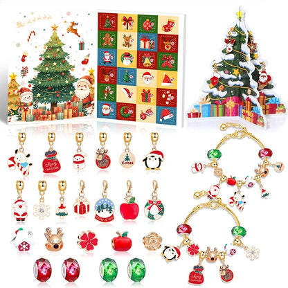 Kerstadventskalender voor kinderen met armband om af te tellen - 24 dagen - kleurrijke kristallen in geschenkdoos