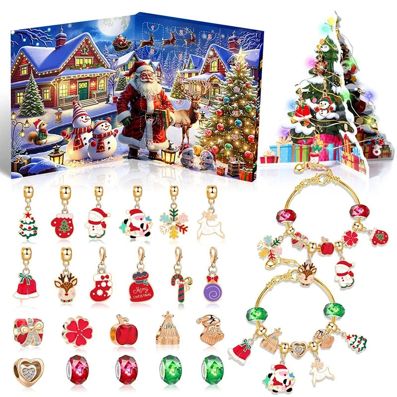 Kerstadventskalender voor kinderen met armband om af te tellen - 24 dagen - kleurrijke kristallen in geschenkdoos