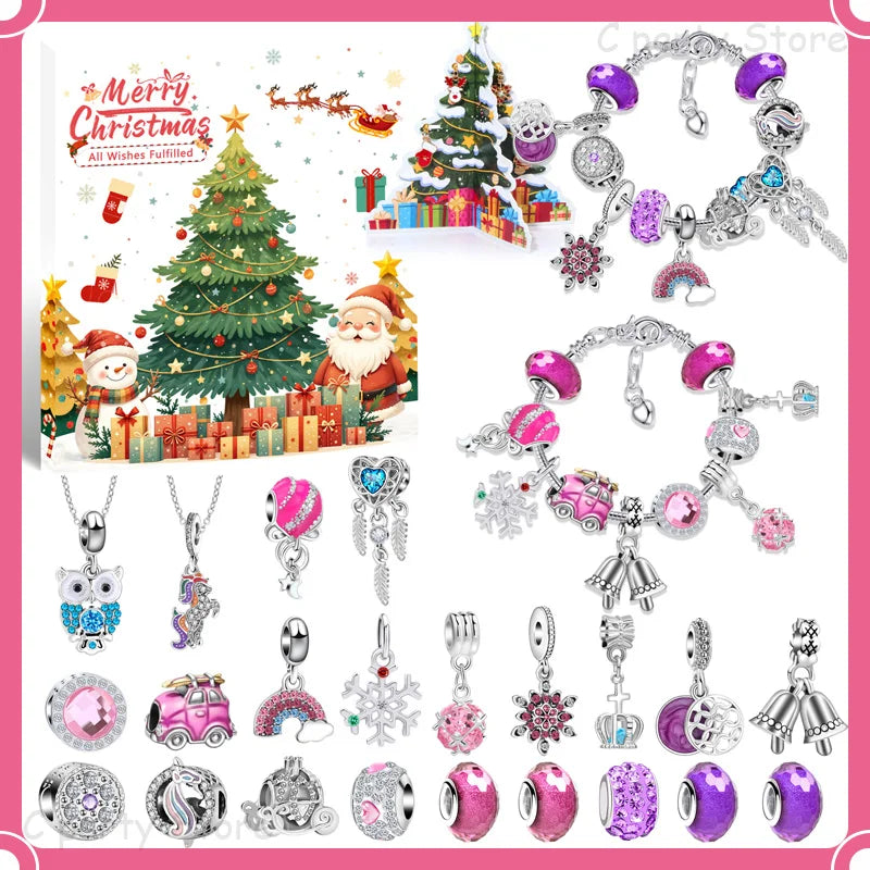 Kerstadventskalender voor kinderen met armband om af te tellen - 24 dagen - kleurrijke kristallen in geschenkdoos