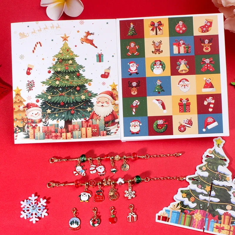 Kerstadventskalender voor kinderen met armband om af te tellen - 24 dagen - kleurrijke kristallen in geschenkdoos