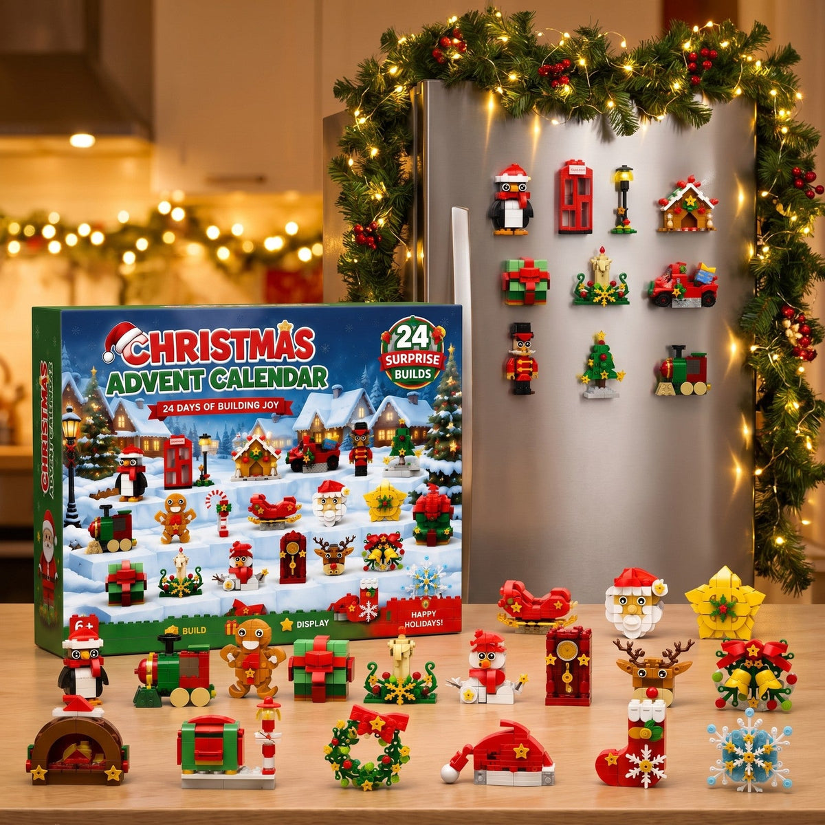 Kerst Koelkastmagneten Adventskalender, 24 Bouwsels van Bouwsteentjes