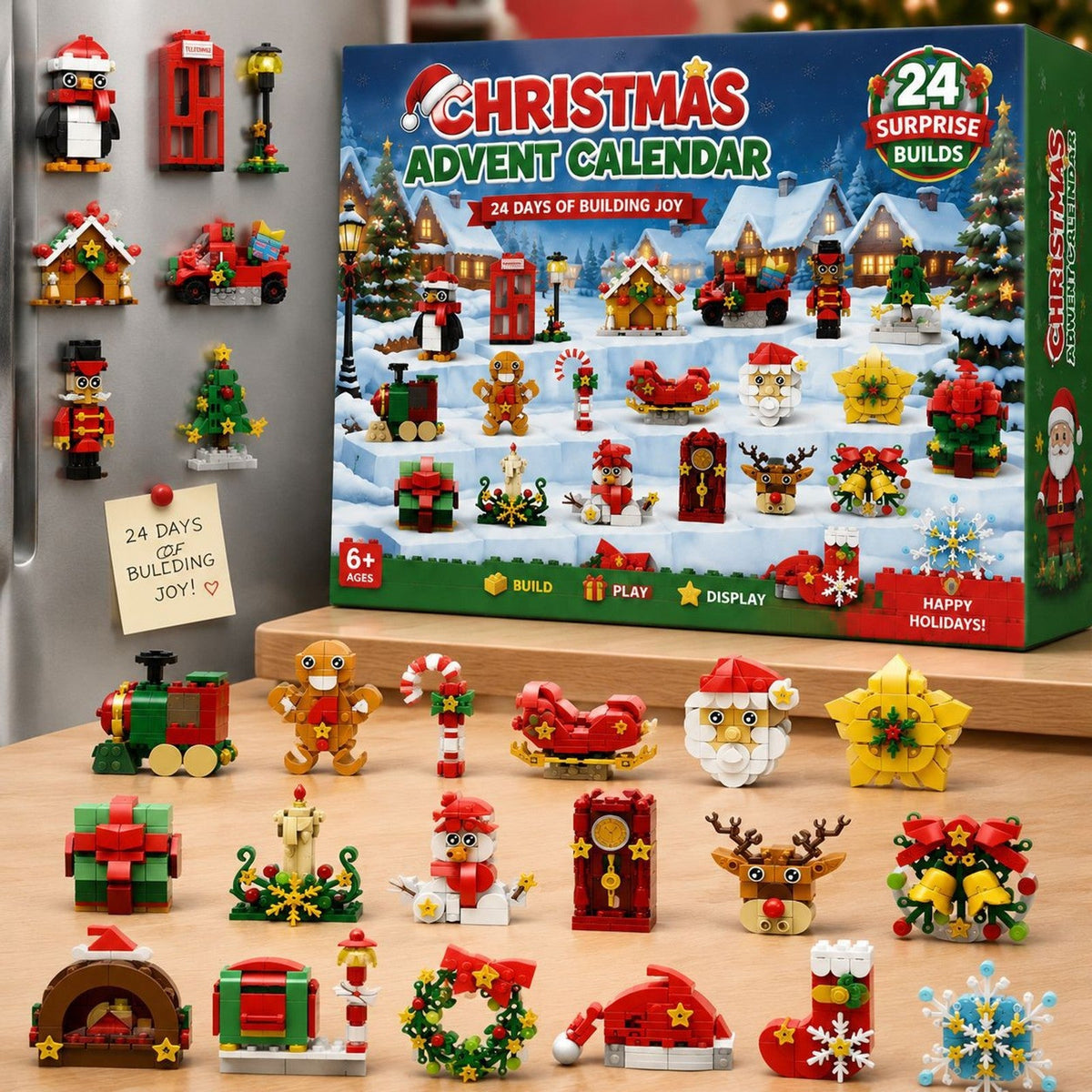Kerst Koelkastmagneten Adventskalender, 24 Bouwsels van Bouwsteentjes