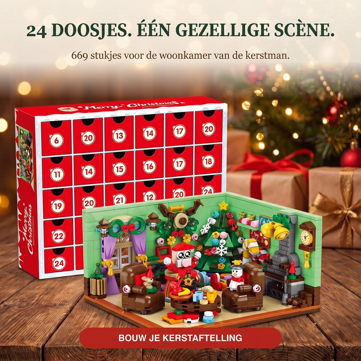 Kerst Woonkamer Adventskalender, 669-delige Scène met 24 Doosjes