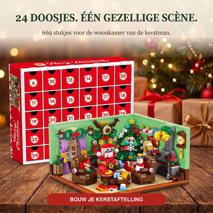 Kerst Woonkamer Adventskalender, 669-delige Scène met 24 Doosjes
