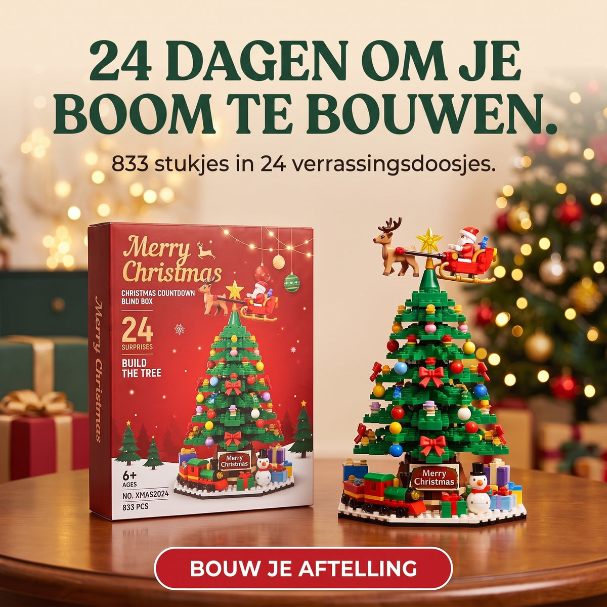Kerstboom Adventskalender met Bouwstenen, 833 Stukjes in 24 Verrassingsdoosjes