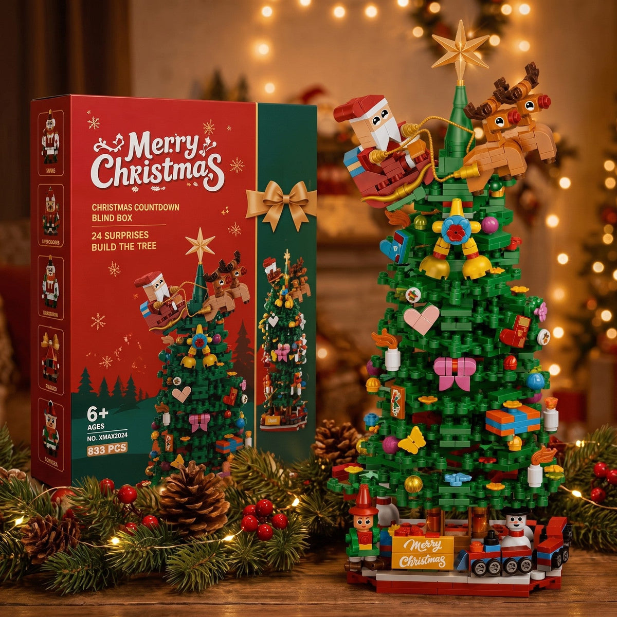 Kerstboom Adventskalender met Bouwstenen, 833 Stukjes in 24 Verrassingsdoosjes