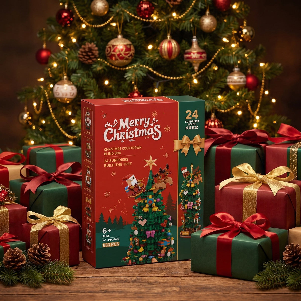 Kerstboom Adventskalender met Bouwstenen, 833 Stukjes in 24 Verrassingsdoosjes