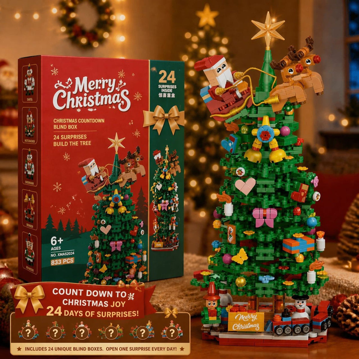 Kerstboom Adventskalender met Bouwstenen, 833 Stukjes in 24 Verrassingsdoosjes