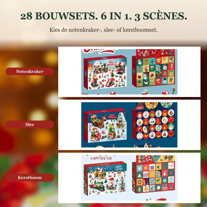 Kerstdorp Adventskalender, 28 Bouwsels 6-in-1, Notenkraker, Slee of Kerstboom