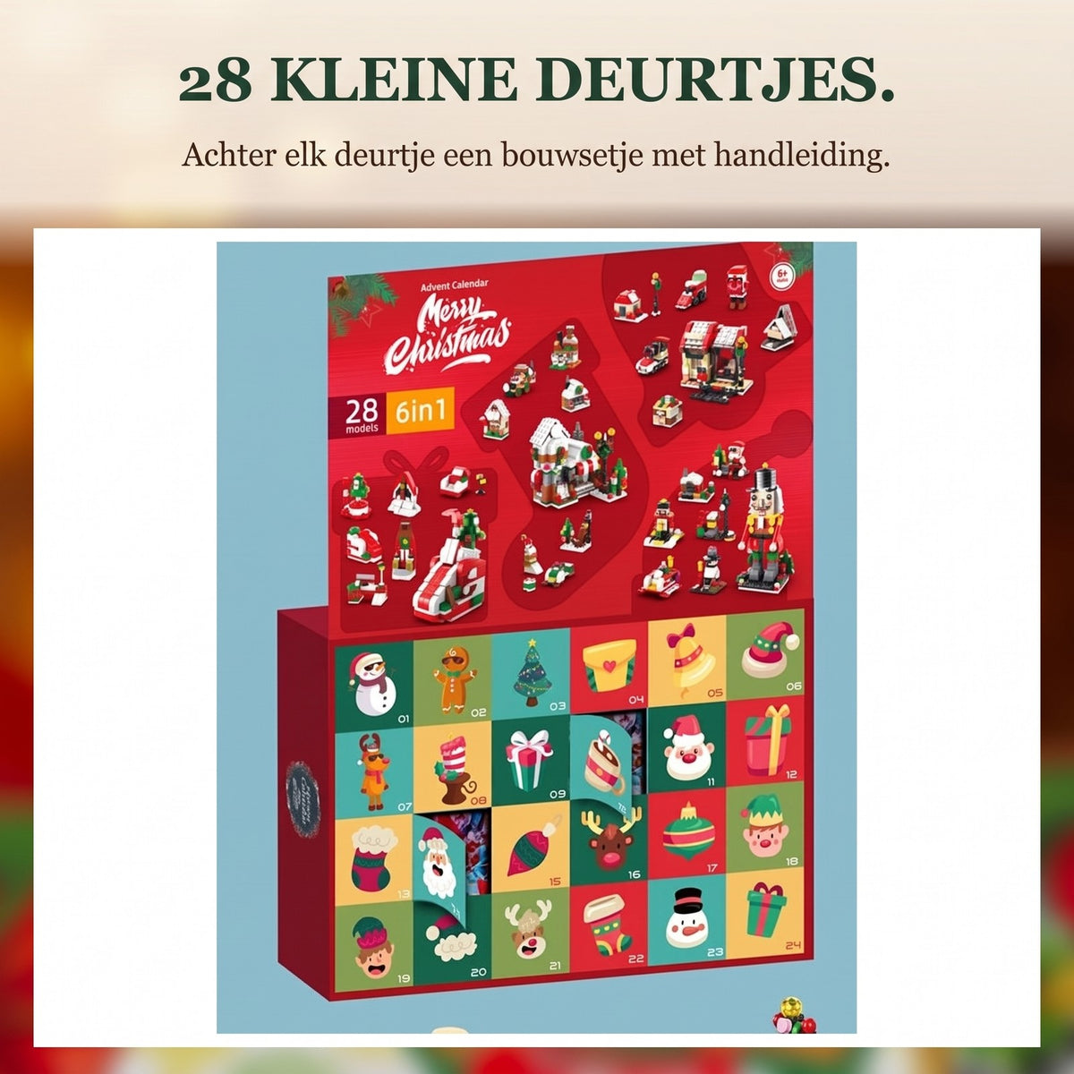 Kerstdorp Adventskalender, 28 Bouwsels 6-in-1, Notenkraker, Slee of Kerstboom