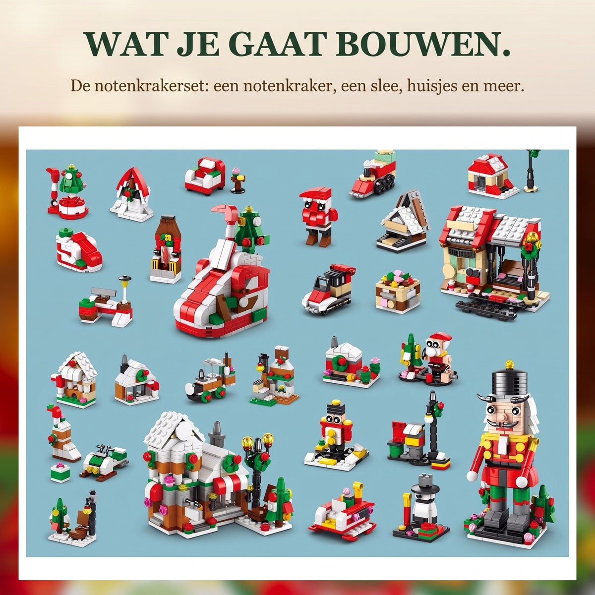 Kerstdorp Adventskalender, 28 Bouwsels 6-in-1, Notenkraker, Slee of Kerstboom