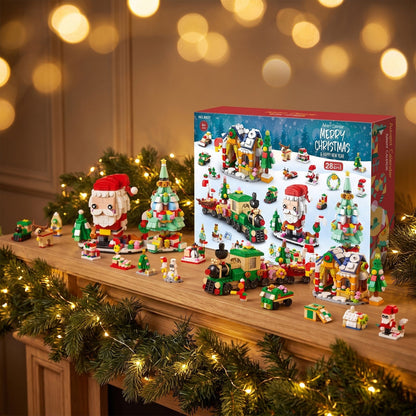 Kerstdorp Adventskalender, 28 Bouwsels 6-in-1, Notenkraker, Slee of Kerstboom