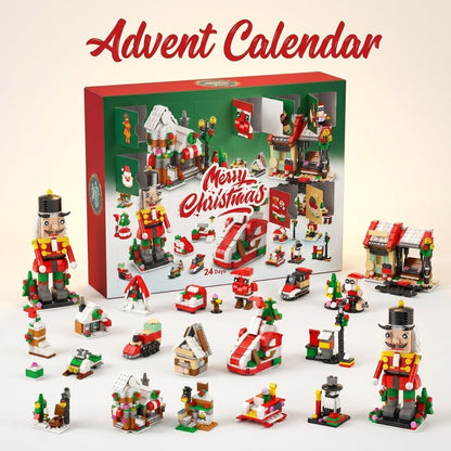 Kerstdorp Adventskalender, 28 Bouwsels 6-in-1, Notenkraker, Slee of Kerstboom