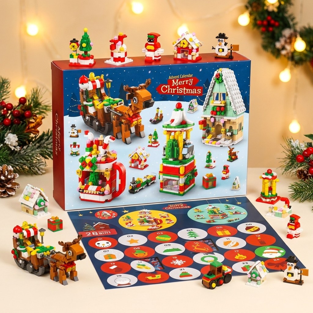 Kerstdorp Adventskalender, 28 Bouwsels 6-in-1, Notenkraker, Slee of Kerstboom