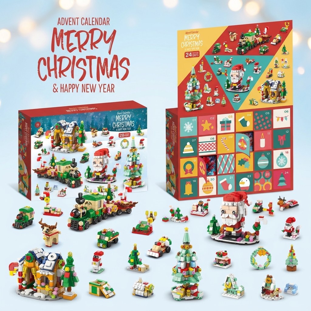 Kerstdorp Adventskalender, 28 Bouwsels 6-in-1, Notenkraker, Slee of Kerstboom