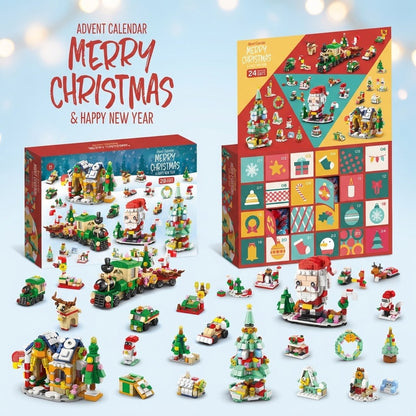 Kerstdorp Adventskalender, 28 Bouwsels 6-in-1, Notenkraker, Slee of Kerstboom