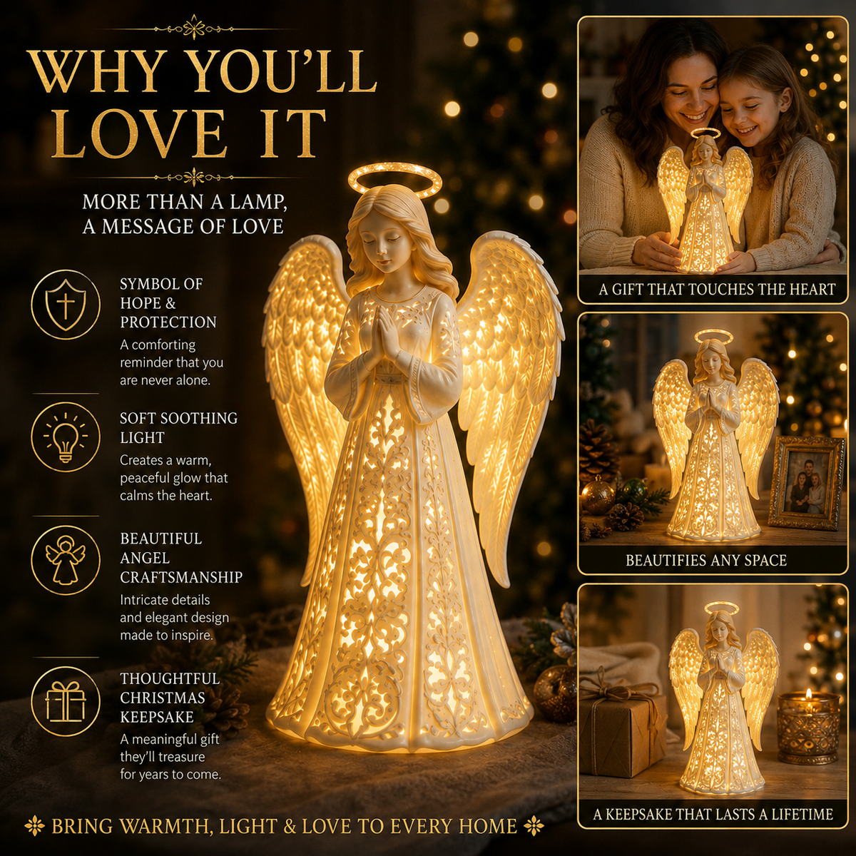 Kerstengel met Verlichting – Warme Gouden Gloed voor Hoop en Liefde