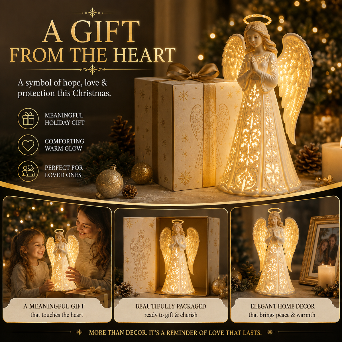 Kerstengel met Verlichting – Warme Gouden Gloed voor Hoop en Liefde