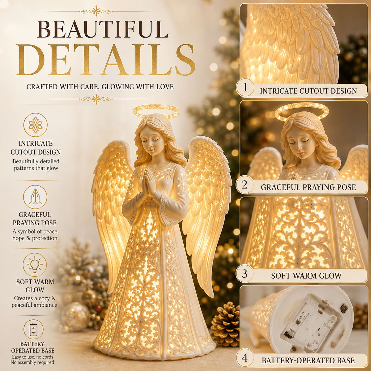 Kerstengel met Verlichting – Warme Gouden Gloed voor Hoop en Liefde