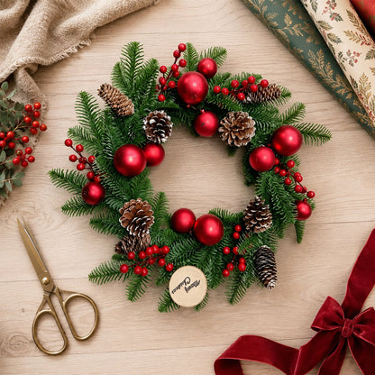 Kerstkrans met rode kerstballen, bessen en dennenappels