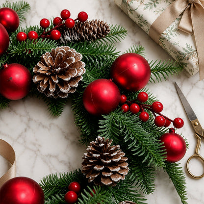 Kerstkrans met rode kerstballen, bessen en dennenappels
